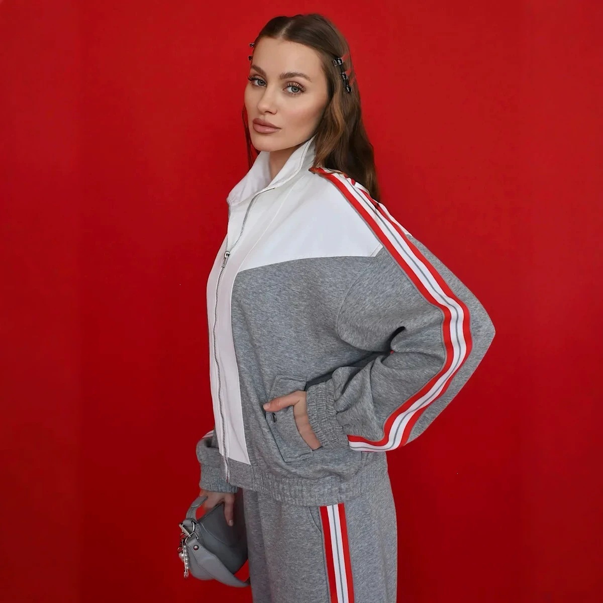 Women's Color-Block Side-Stripe Zip-Up Tracksuit with Drawstring Waist Wide-Leg Pants