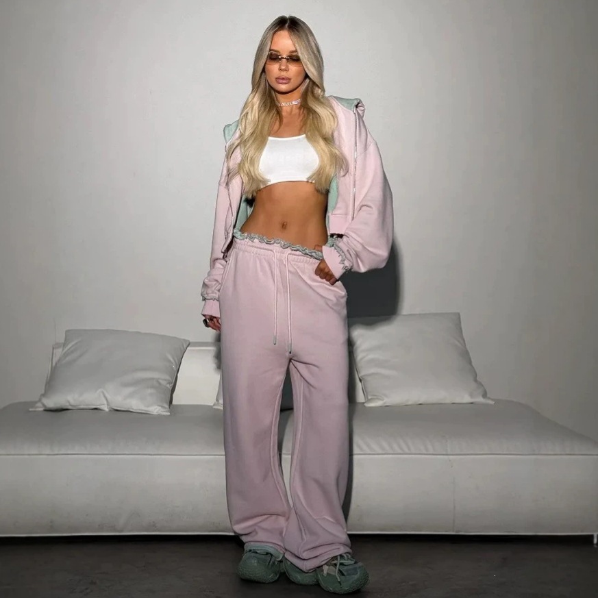 Color-Block Faux Fur Trim Long Sleeve Jacket and Tie-Waist Pants Set