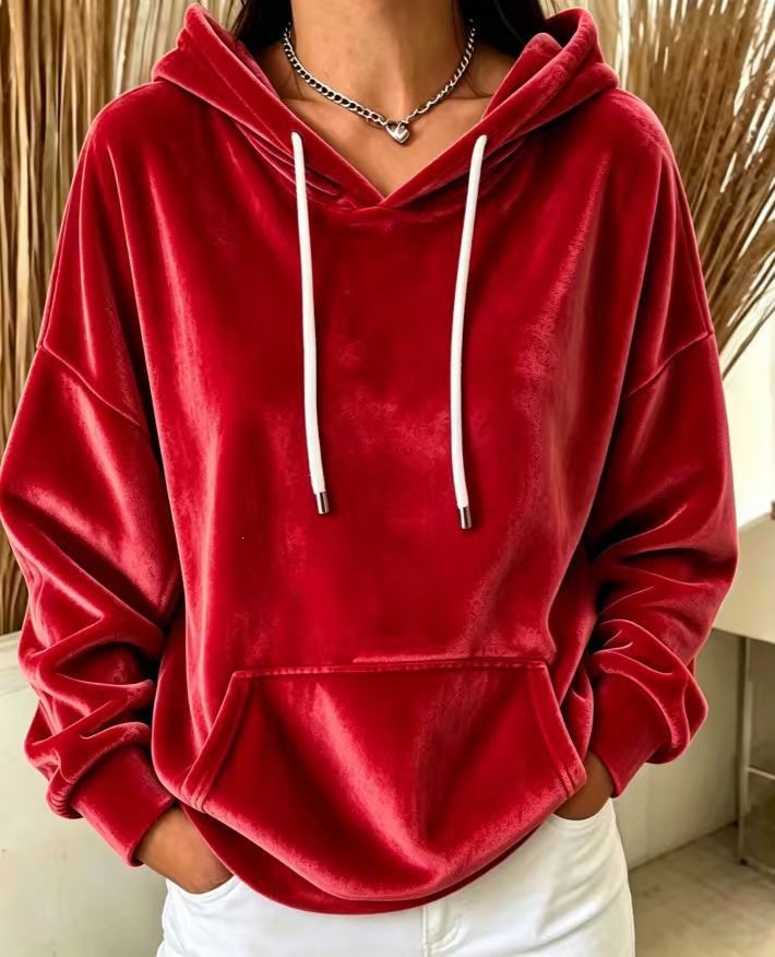 Velvet Hooded Drawstring Pocket Pullover Sweatshirt