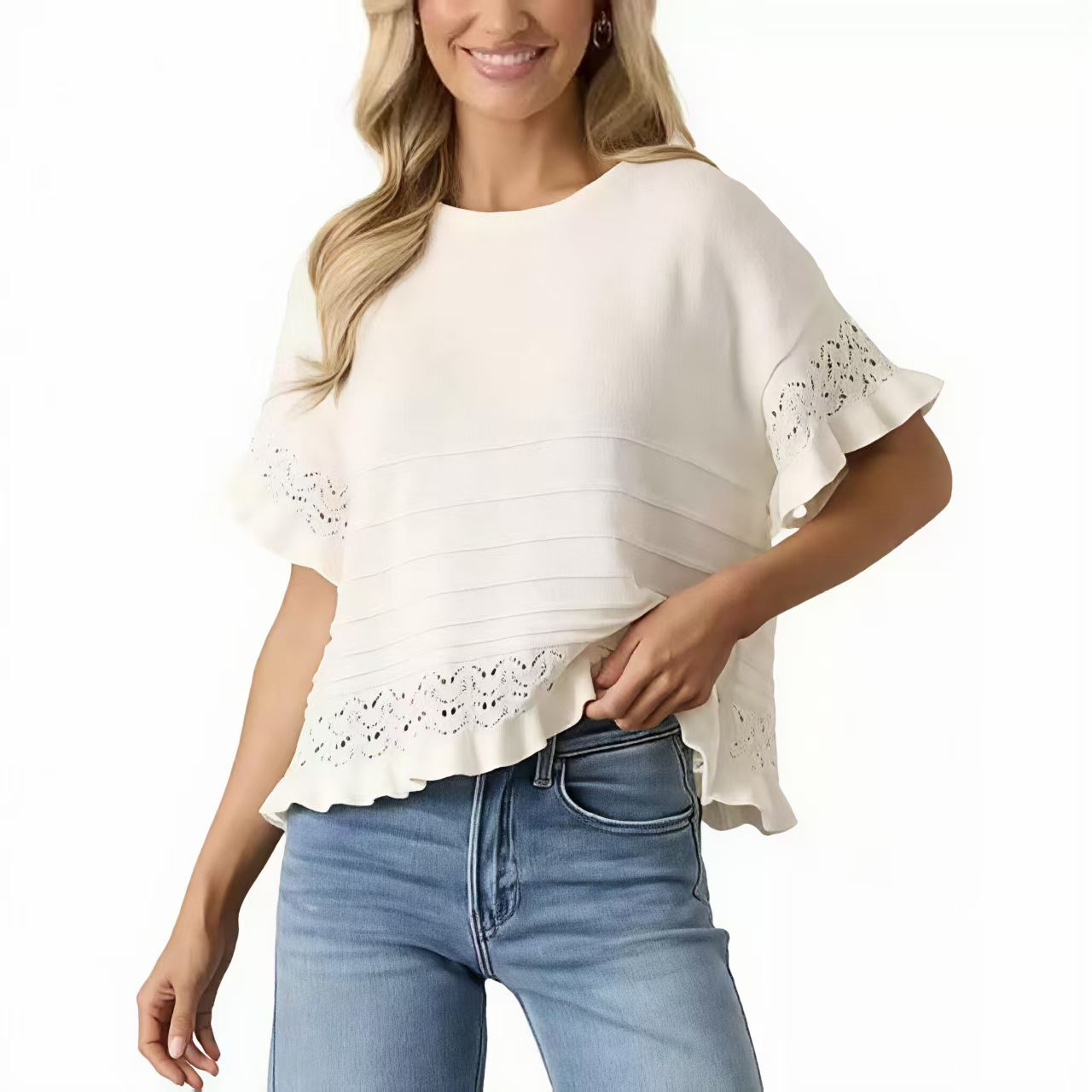 Women's Round Neck Hollow-Out Knit Short Sleeve Ruffle Loose Sweater