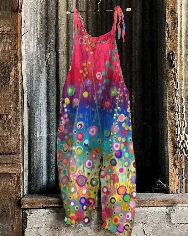 Women's Printed Cotton-Linen Cami Jumpsuit Sleeveless Wide-Leg Beach Romper