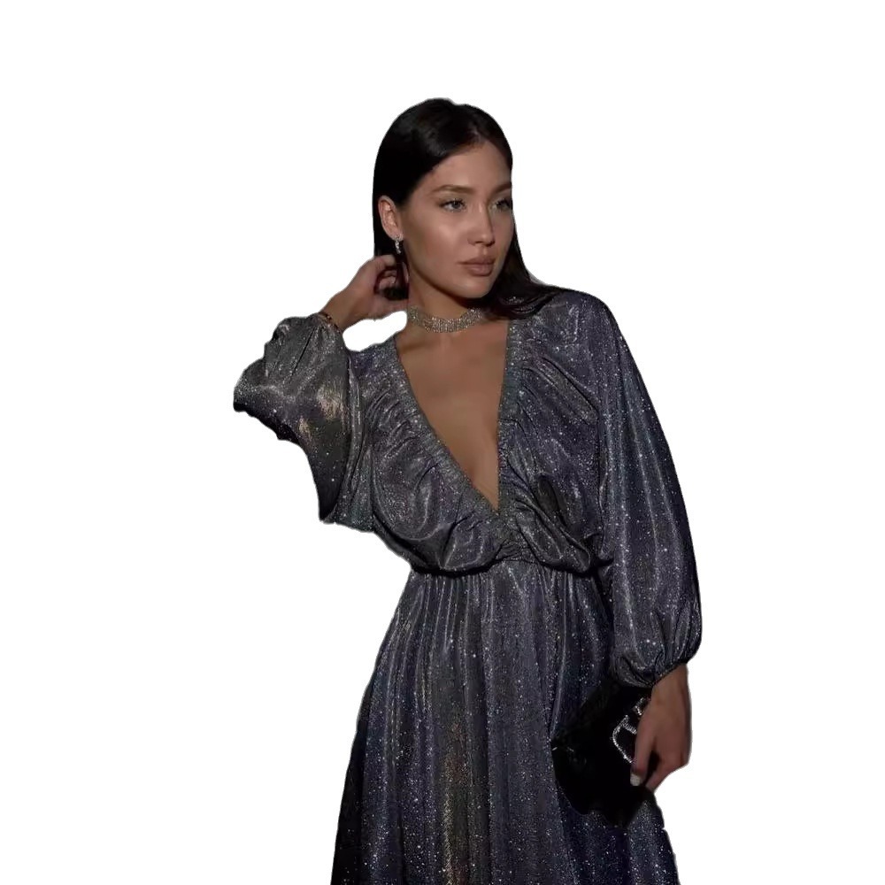 V-Neck Pleated Mini Dress Solid Color Long Sleeve High Waist