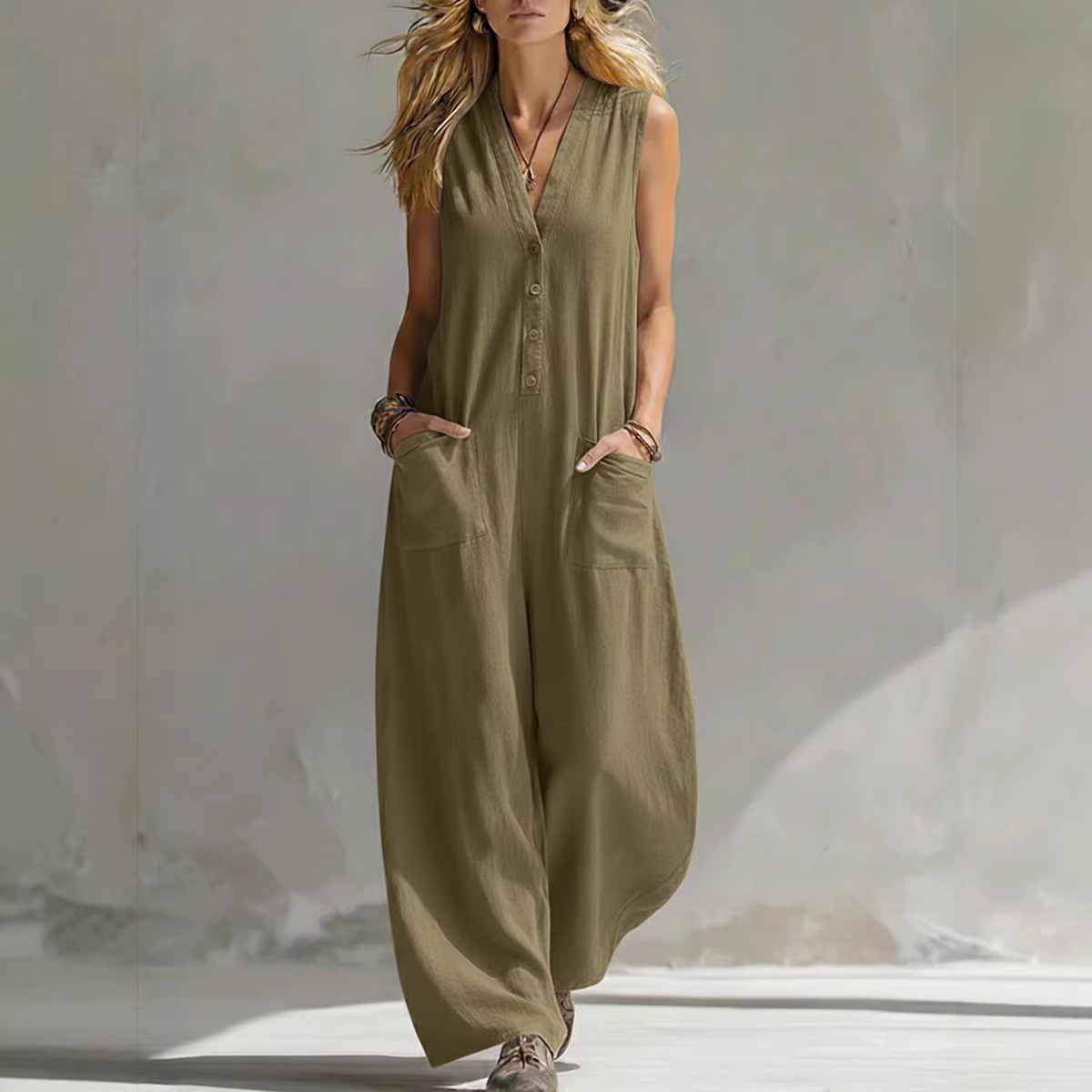 Women's Sleeveless Linen-Cotton Wide-Leg Jumpsuit with Pockets