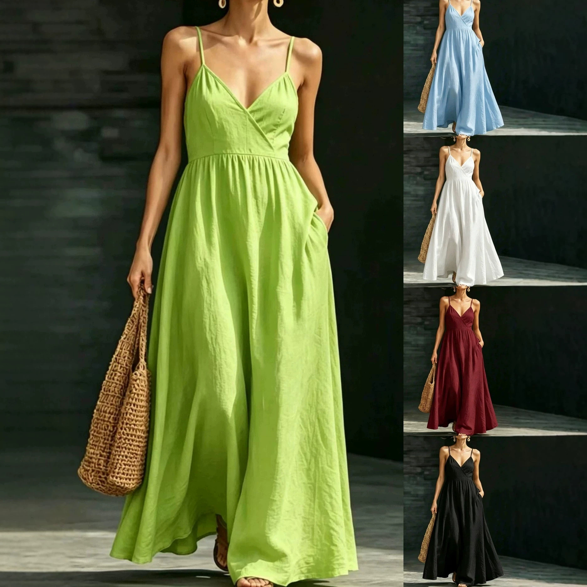 V-Neck Sleeveless Midi Dress with Pockets Elegant Casual