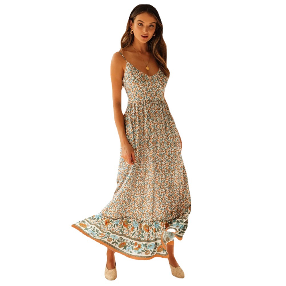 Bohemian V-Neck Floral Maxi Dress with Spaghetti Straps