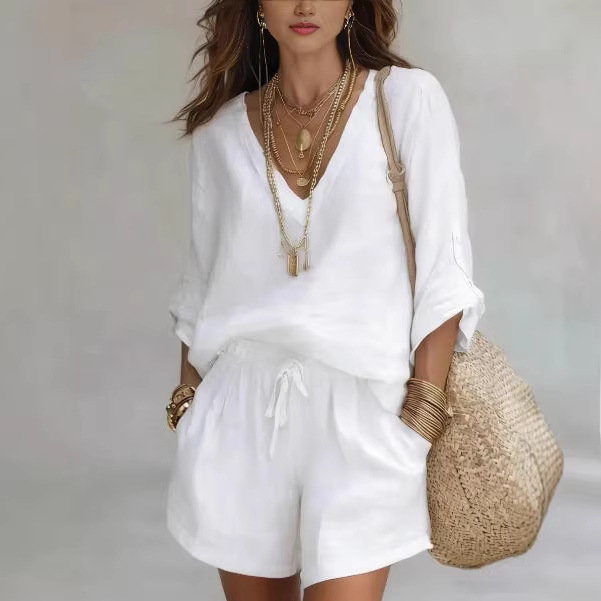 Women's Tie-Front Shorts and Long-Sleeve Top Set Casual Minimalist