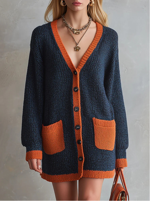 Women's V-Neck Knit Cardigan Loose Colorblock Long Sleeve Orange