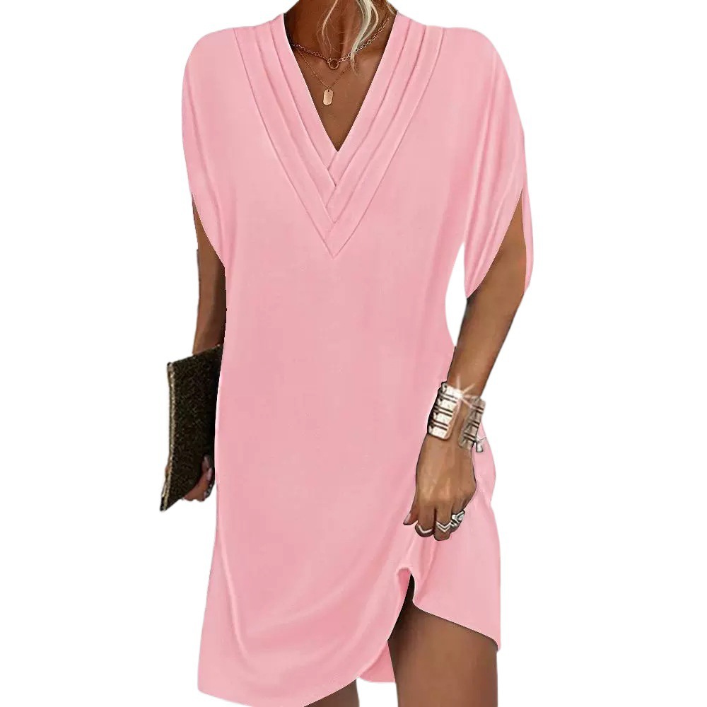 V-Neck Pleated Batwing Sleeve Midi Dress