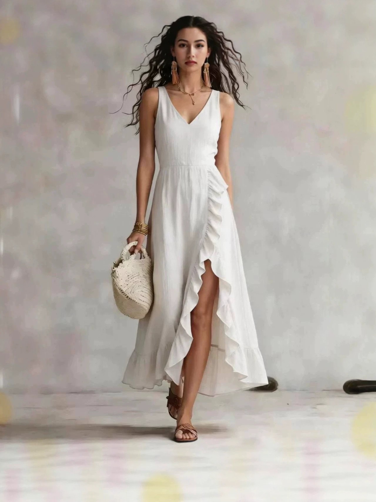 Bohemian V-Neck Sleeveless Ruffle Slit Maxi Dress