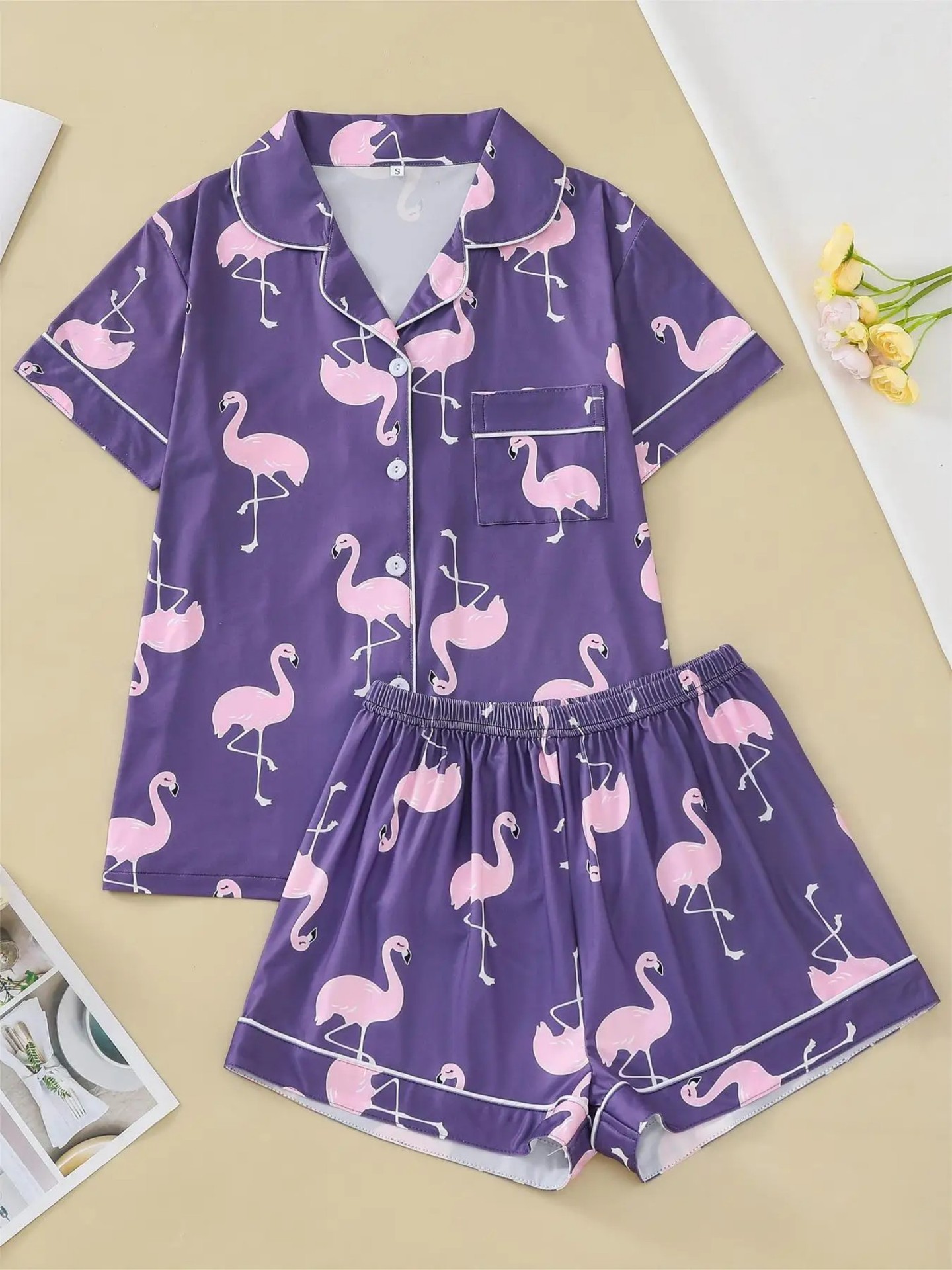 Women's Flamingo Print Collared Shirt Set Casual Loungewear