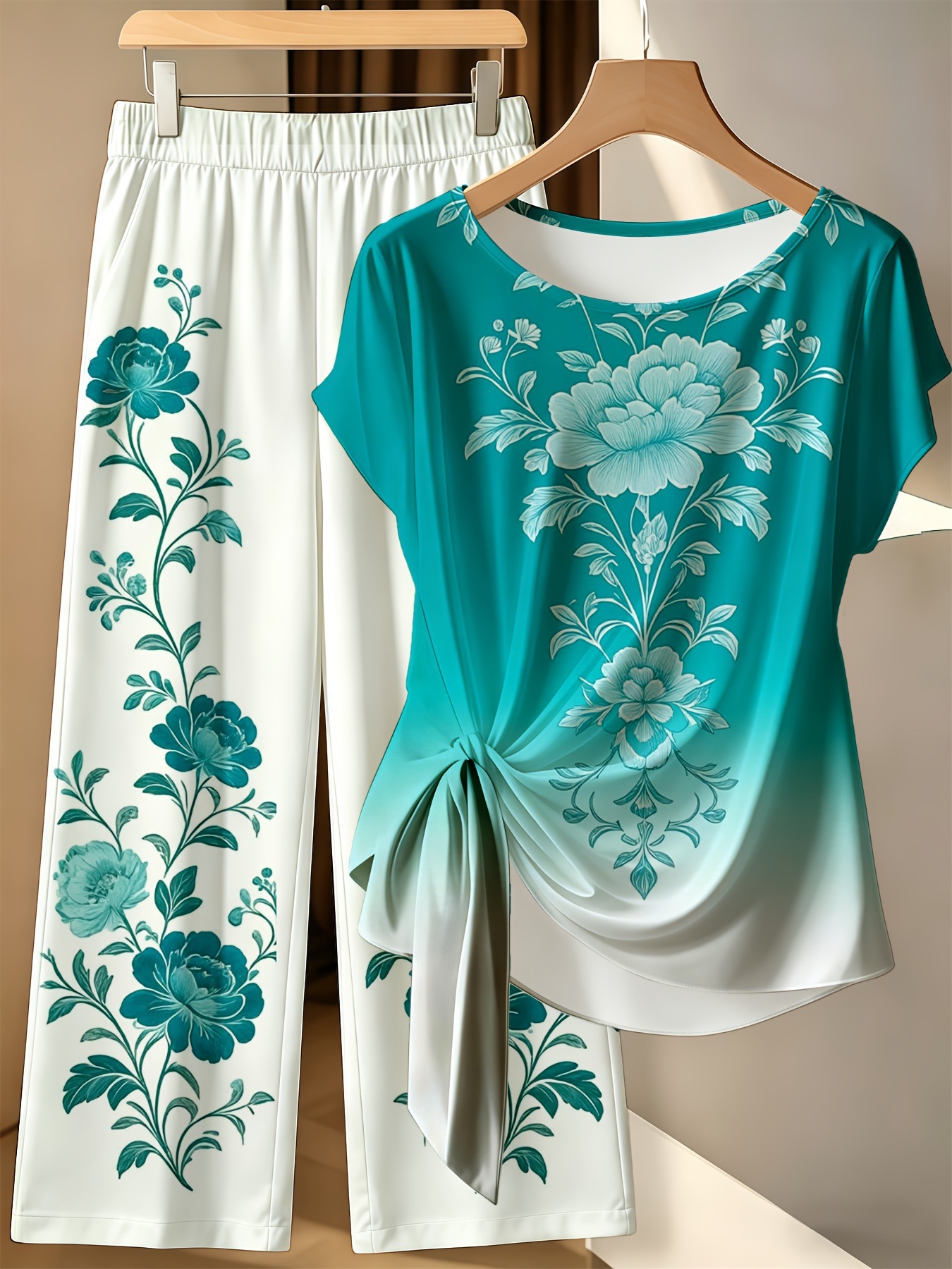 Floral Print Short Sleeve Top and Pants Set