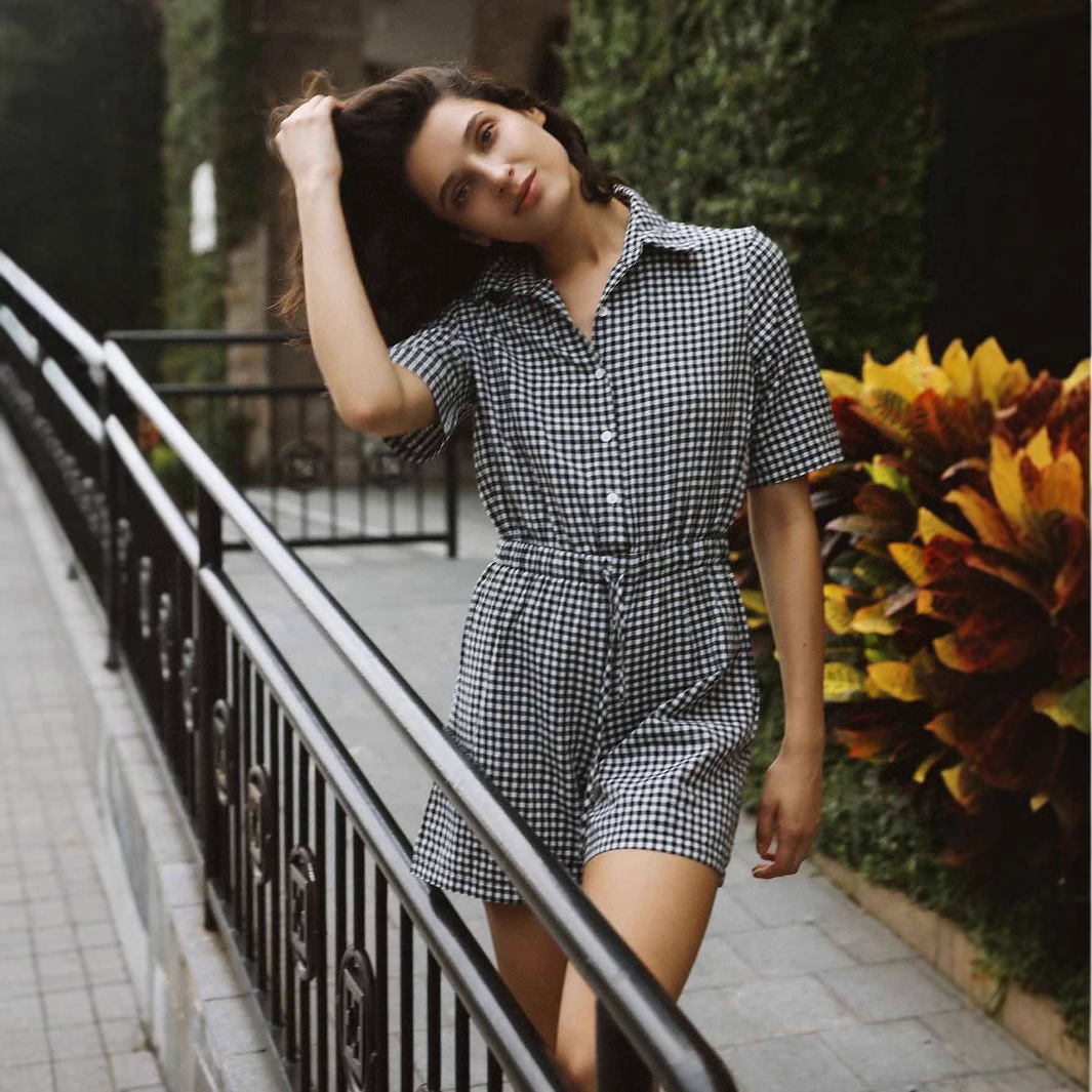 Plaid Belted Wide-Leg Jumpsuit with Shirt Collar