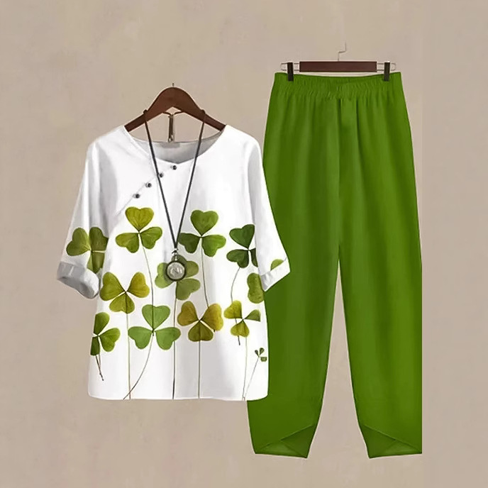 Women's Printed Round Neck Short Sleeve Top & Loose Pants Casual Set