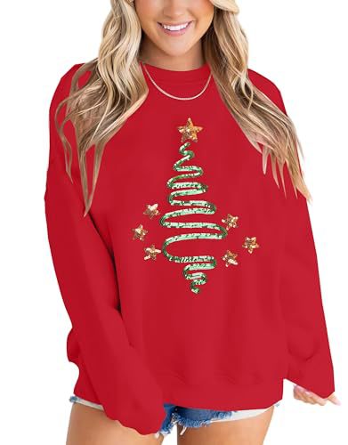 Women's Ribbon Bow Christmas Tree Print Crewneck Sweatshirt