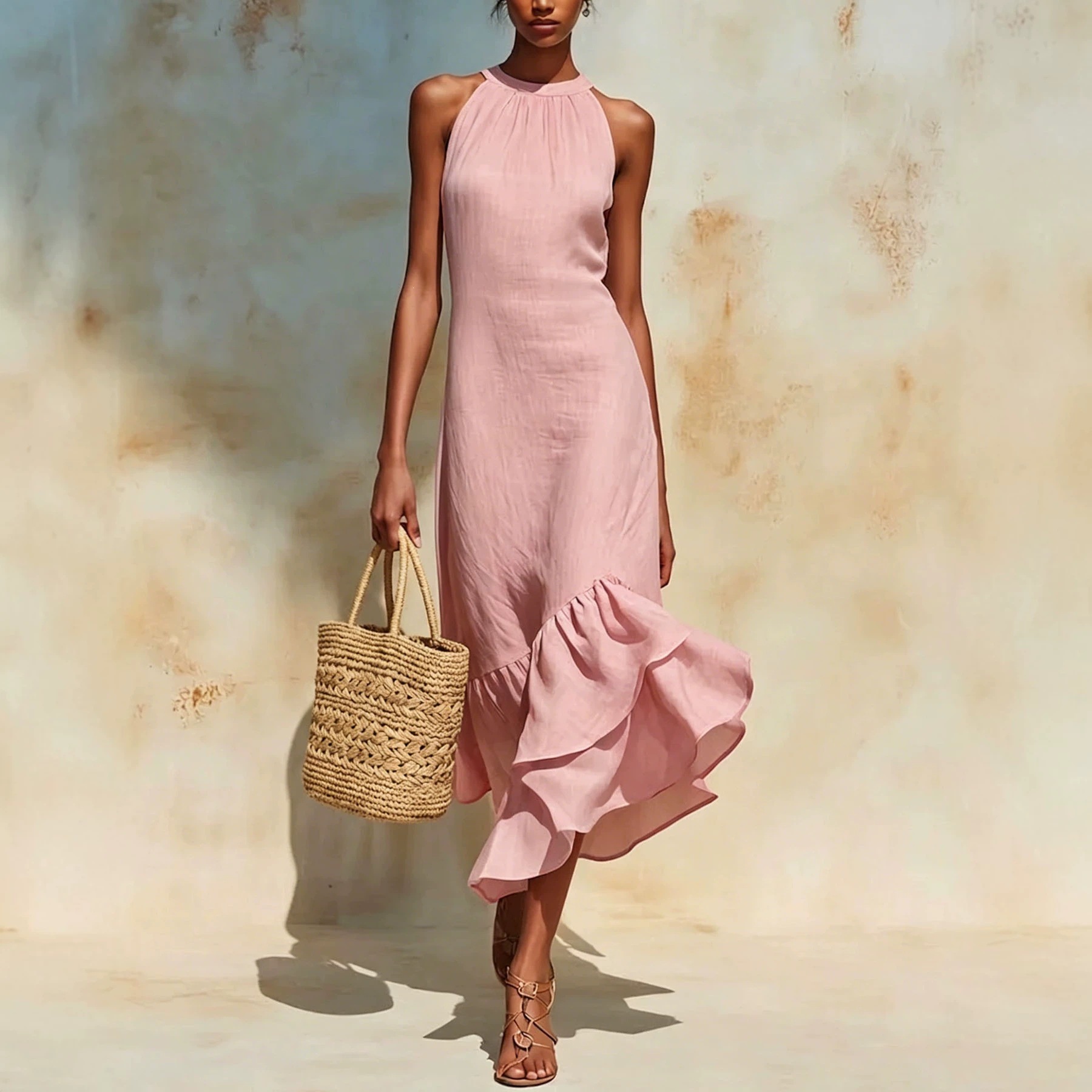Women's Sleeveless Cotton Linen Halter Dress with Asymmetric Ruffle Fishtail Hem