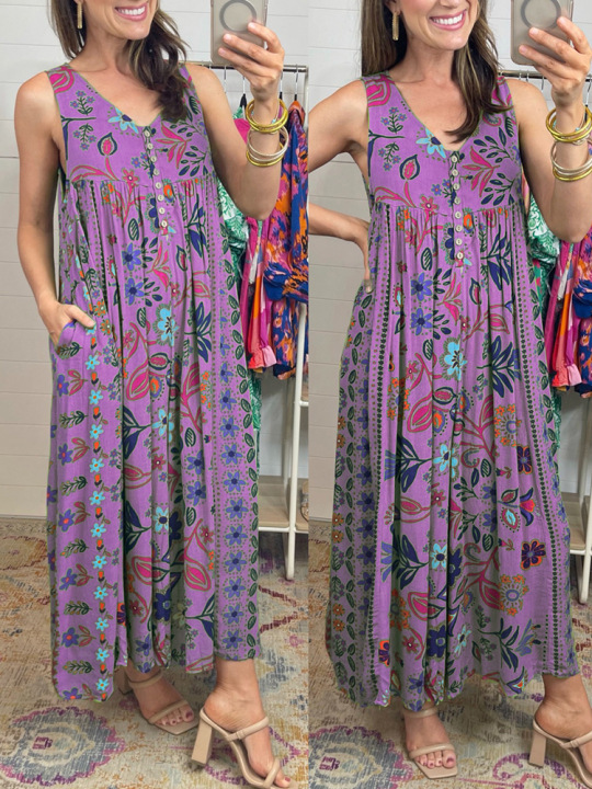 Retro Floral Print Loose Sleeveless Jumpsuit