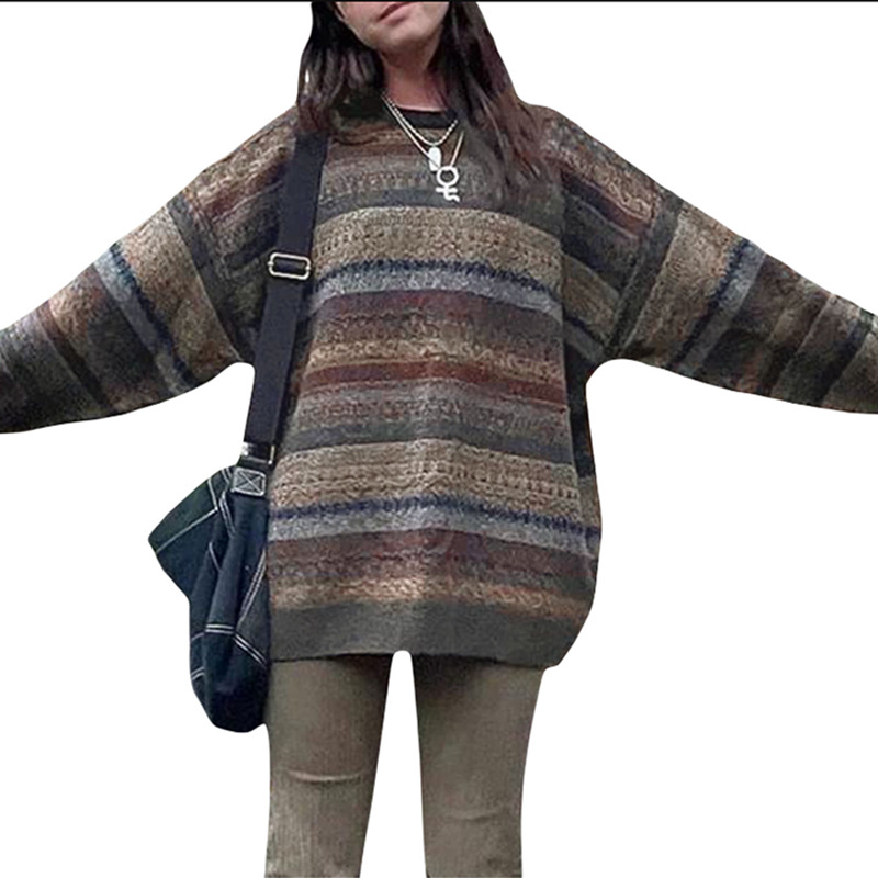 Women's Gothic Striped Knit Pullover Sweater Loose Fit