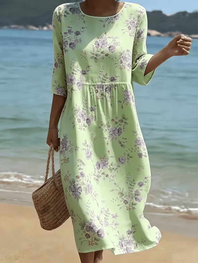 Women's Floral Print Ruched Midi Dress Crew Neck Half Sleeve