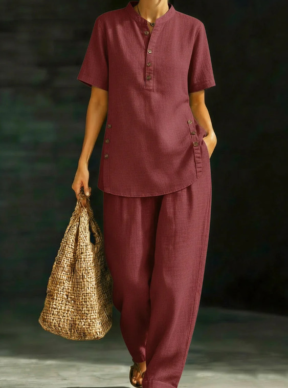 Women's Linen-Blend Button Shirt and Wide-Leg Pants Two-Piece Set