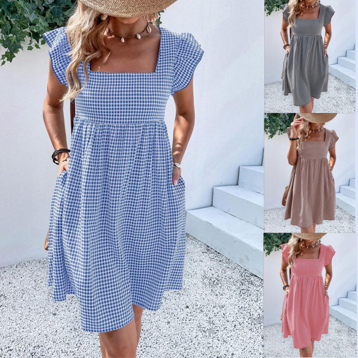 Ruffle Sleeve Square Neck Plaid High Waist Dress