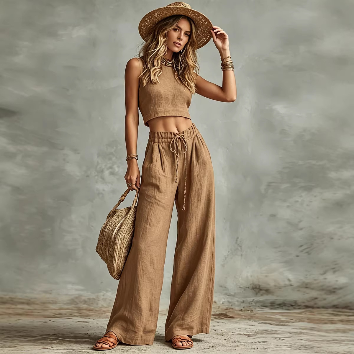 Sleeveless Tank Top & Drawstring High-Waist Wide-Leg Pants Two-Piece Set