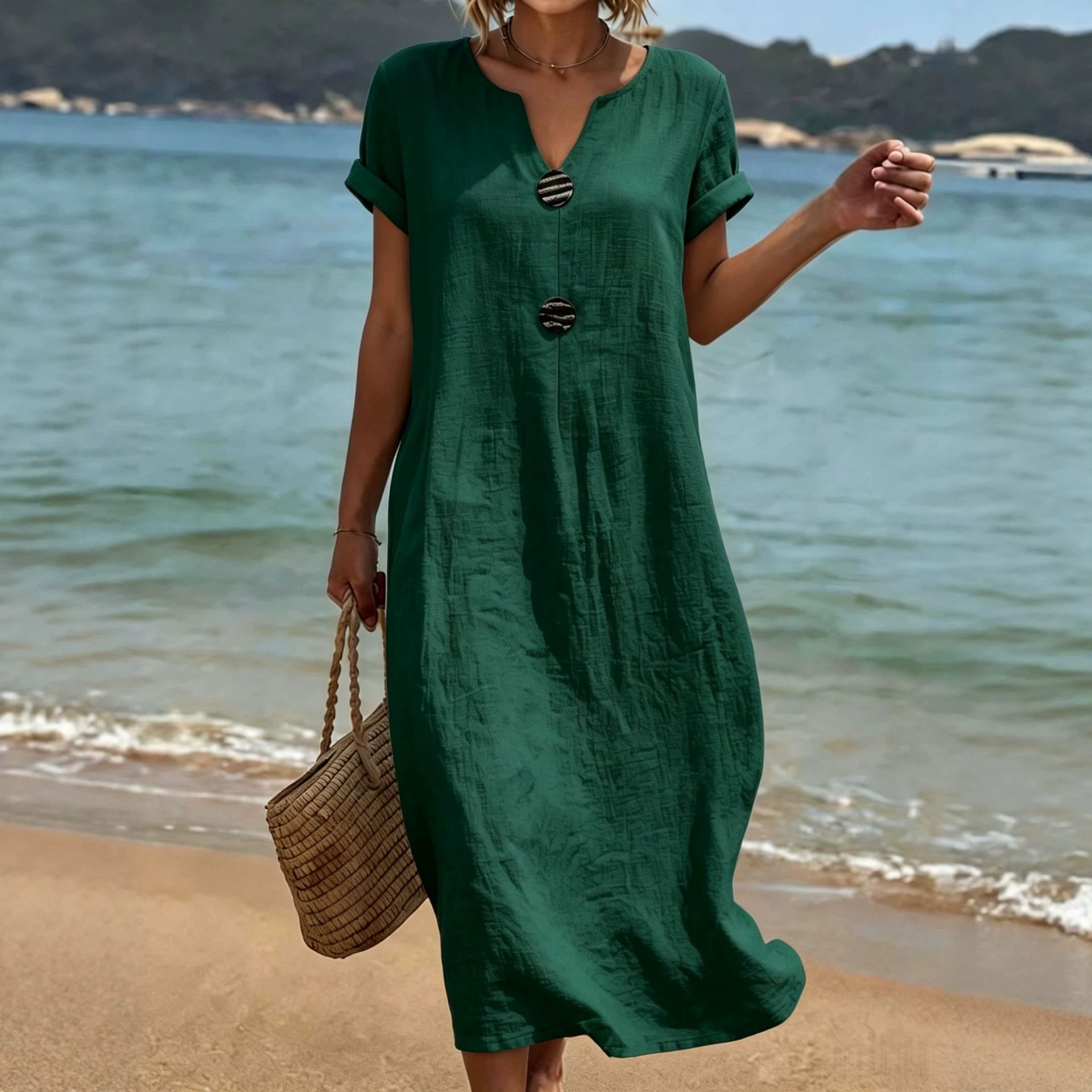 Women's V-Neck Casual Solid Color Dress