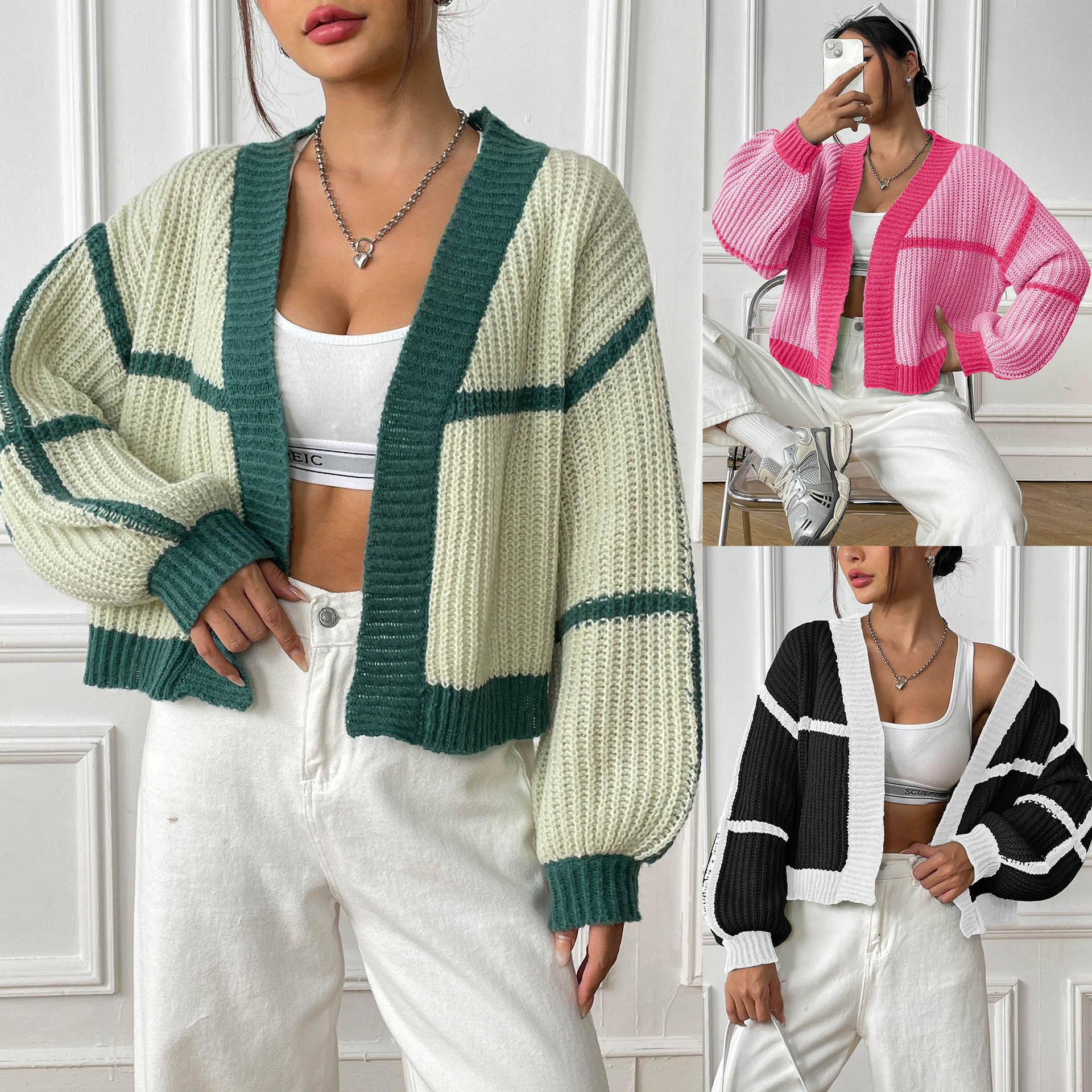 Women's Color-Block Knit Cardigan Loose Fit V-Neck Lantern Sleeve