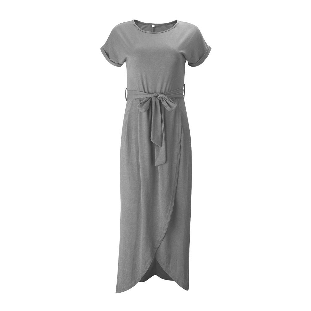 Women's Solid Color Pleated Midi Dress with Round Neck and Short Sleeves