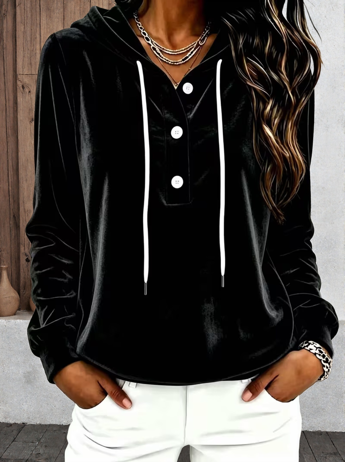 Women's Solid Color Button Hooded Drawstring Long Sleeve Sweatshirt