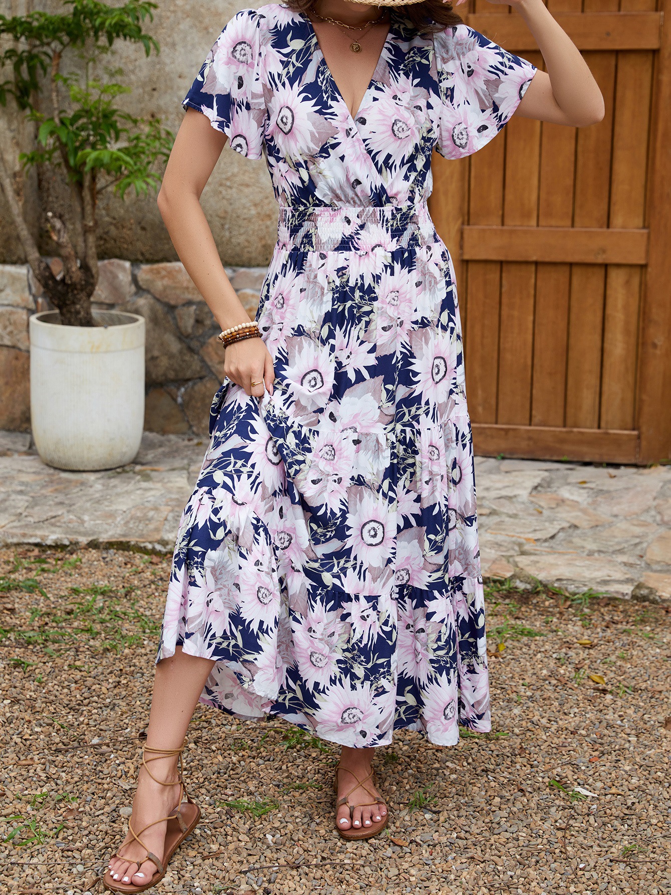 Floral Print V-Neck Short Sleeve Cinched Waist Flowy Maxi Dress