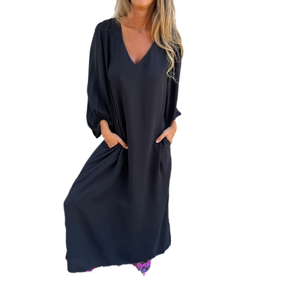 Women's Casual Loose V-Neck Solid Lantern Sleeve Midi Dress