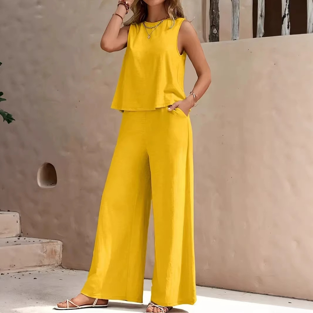 Women's Two-Piece Sleeveless Tank Top and Wide-Leg Pants Set Solid Color Casual