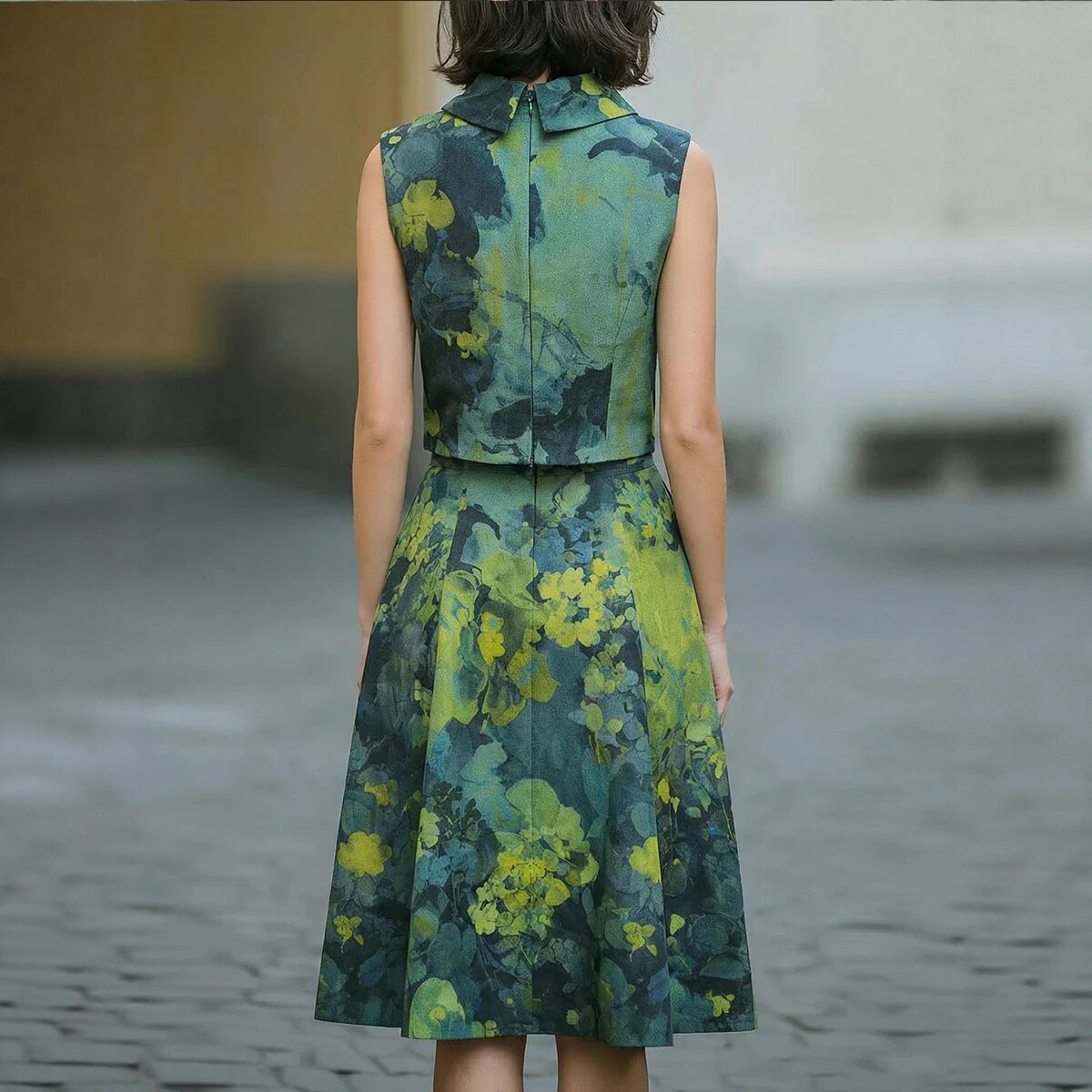 V-Neck Waist-Defined Ruffle Floral Print Midi Dress