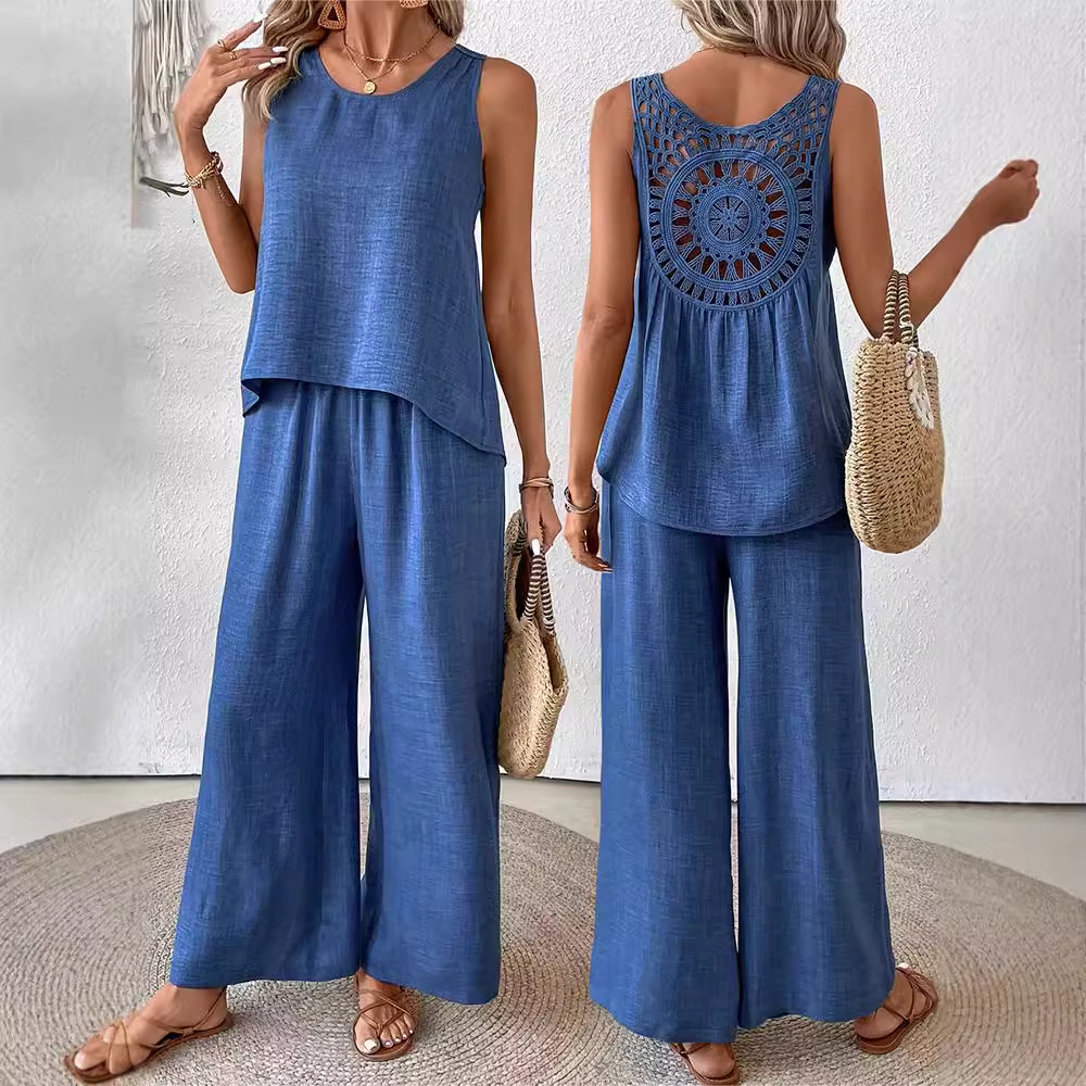 Women's Two-Piece Sleeveless Tank Top and Wide-Leg Pants Set with Hollow-Out Lace Trim
