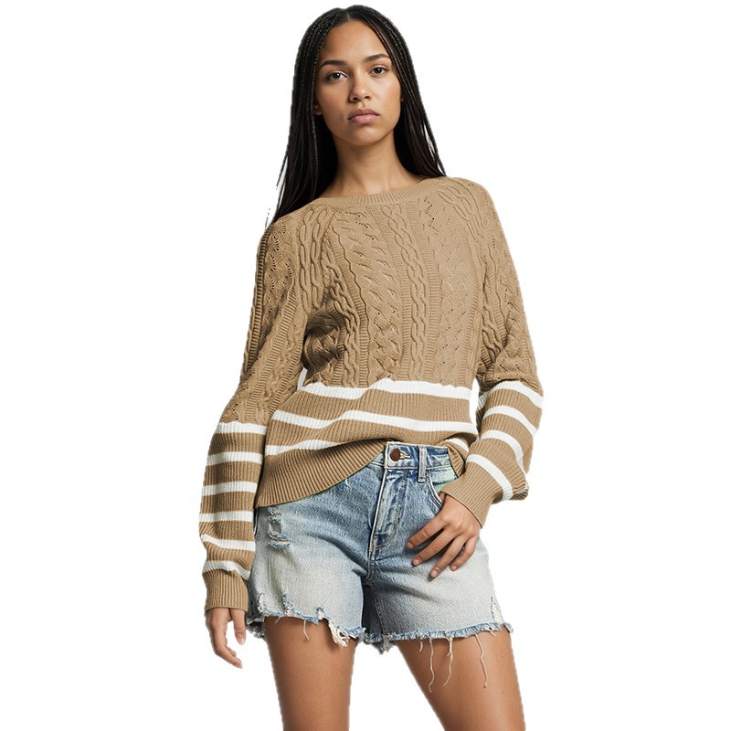 Women's Cable Knit Striped Crewneck Sweater Loose Fit Long Sleeve