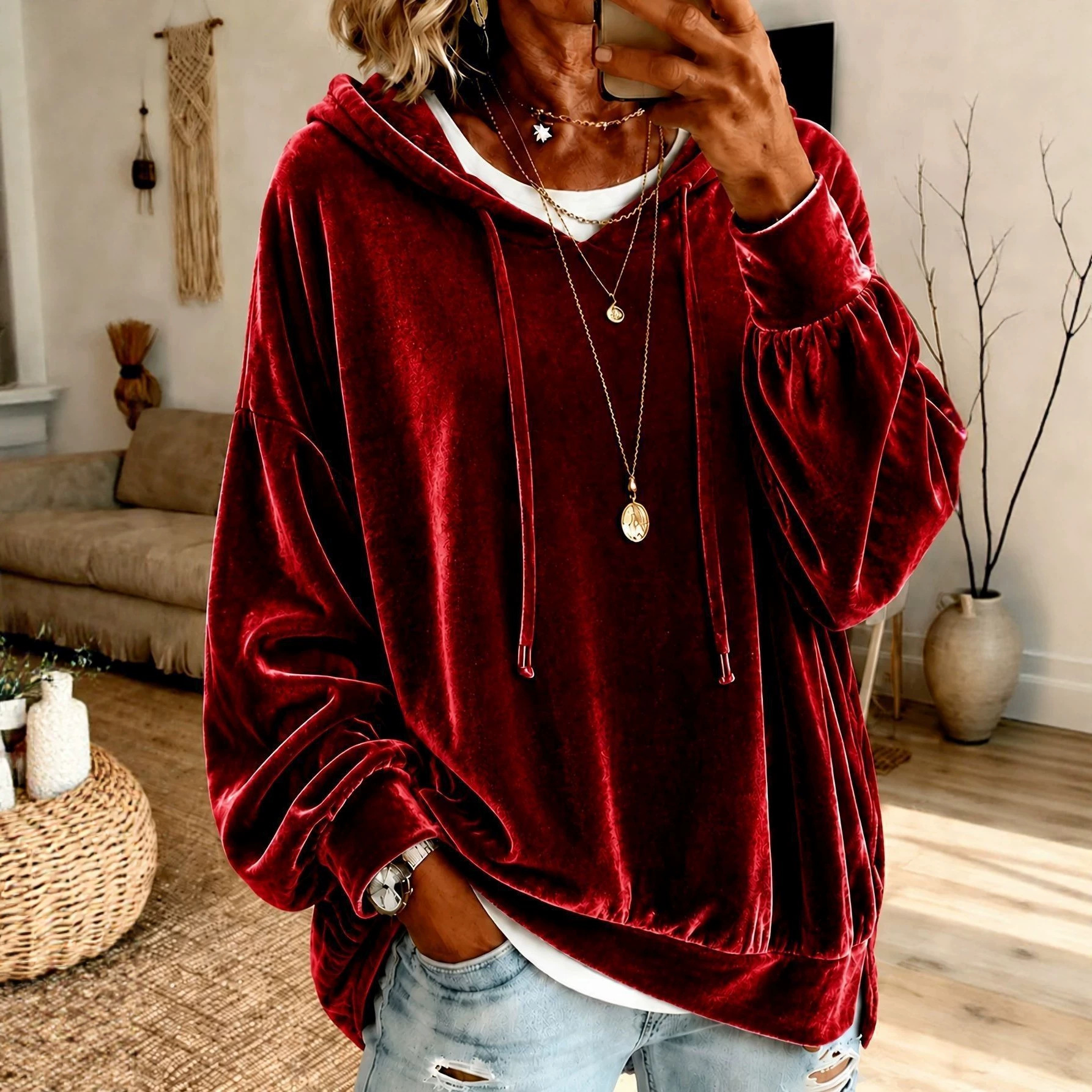 Women's Loose Drawstring Velvet Hooded Top