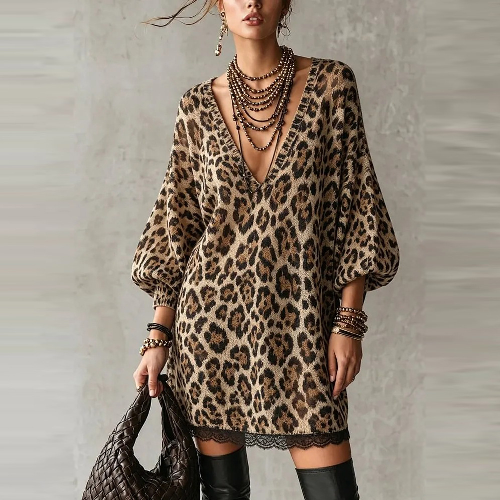 Deep V-Neck Leopard Lace Panel Bodycon Dress