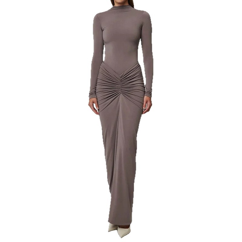 Women's Elegant Solid Pleated Slim Long Dress