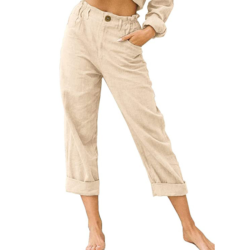 Women's Cotton-Linen High-Waist Straight-Leg Casual Pants