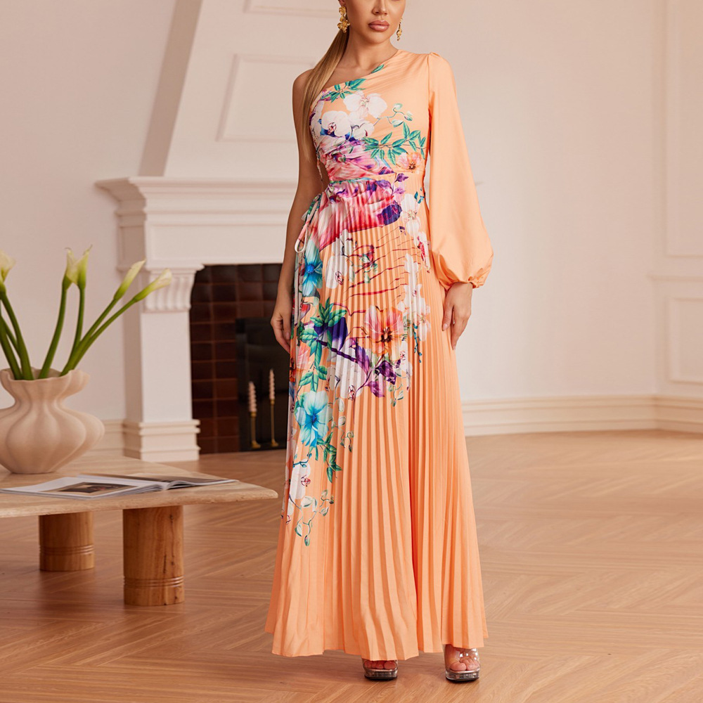 Floral Print Pleated High-Waist Asymmetric Neck Long Dress