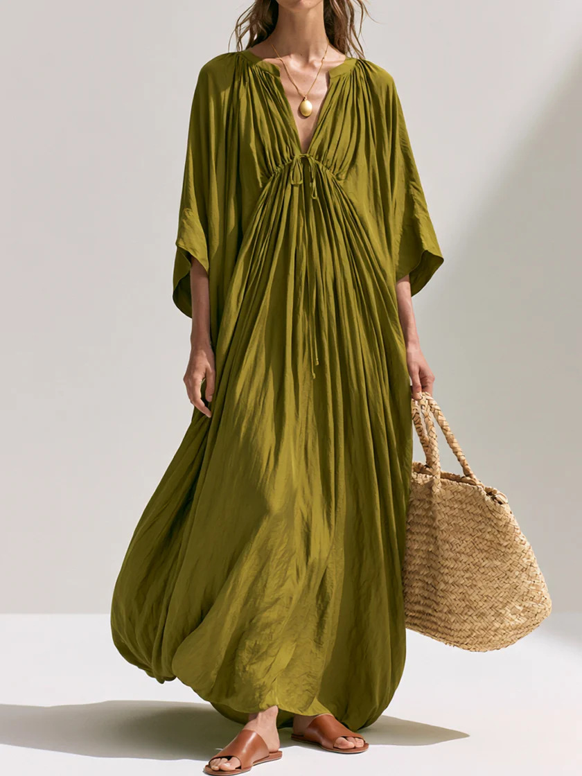 V-Neck Pleated Solid Color Loose Casual Dress