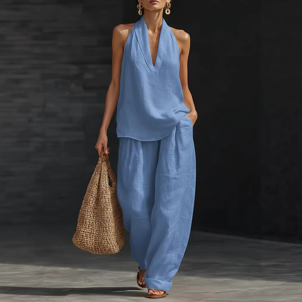 French-Style Halter V-Neck Open-Back Top & Wide-Leg Pants Set