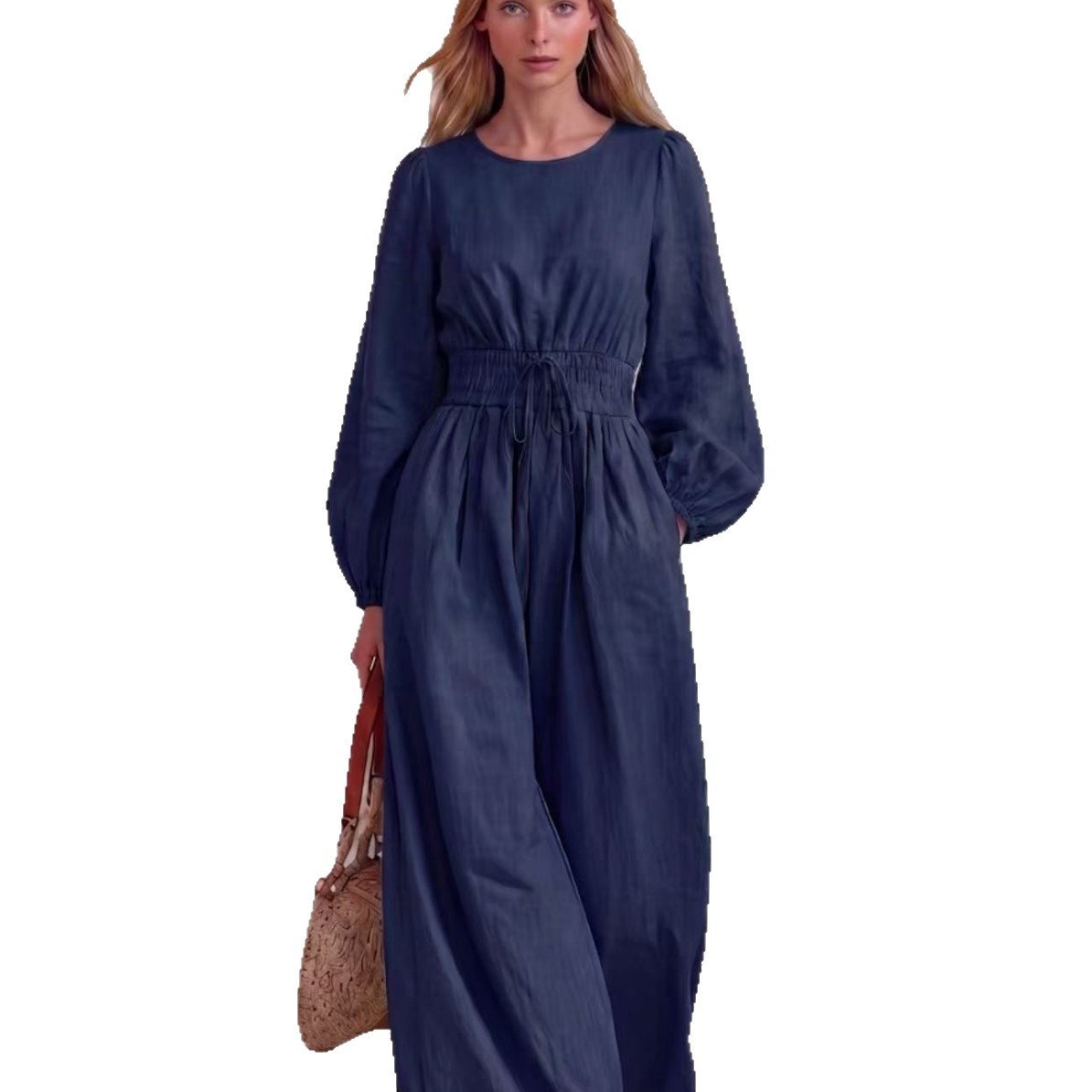 Women's Casual Vintage Solid Color Waist-Defining Smocked Jumpsuit