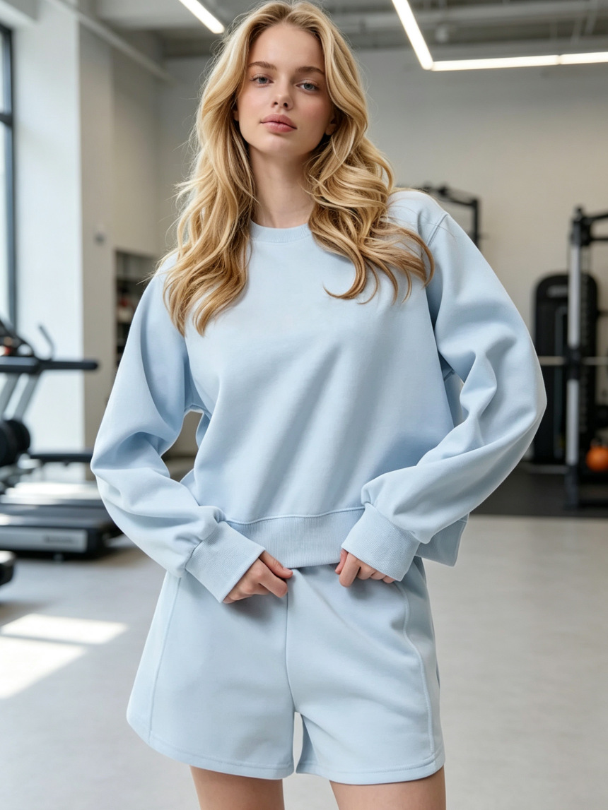 Women's Solid Color Long Sleeve Crewneck Loose Sweatshirt and Elastic Waist Shorts Two-Piece Set