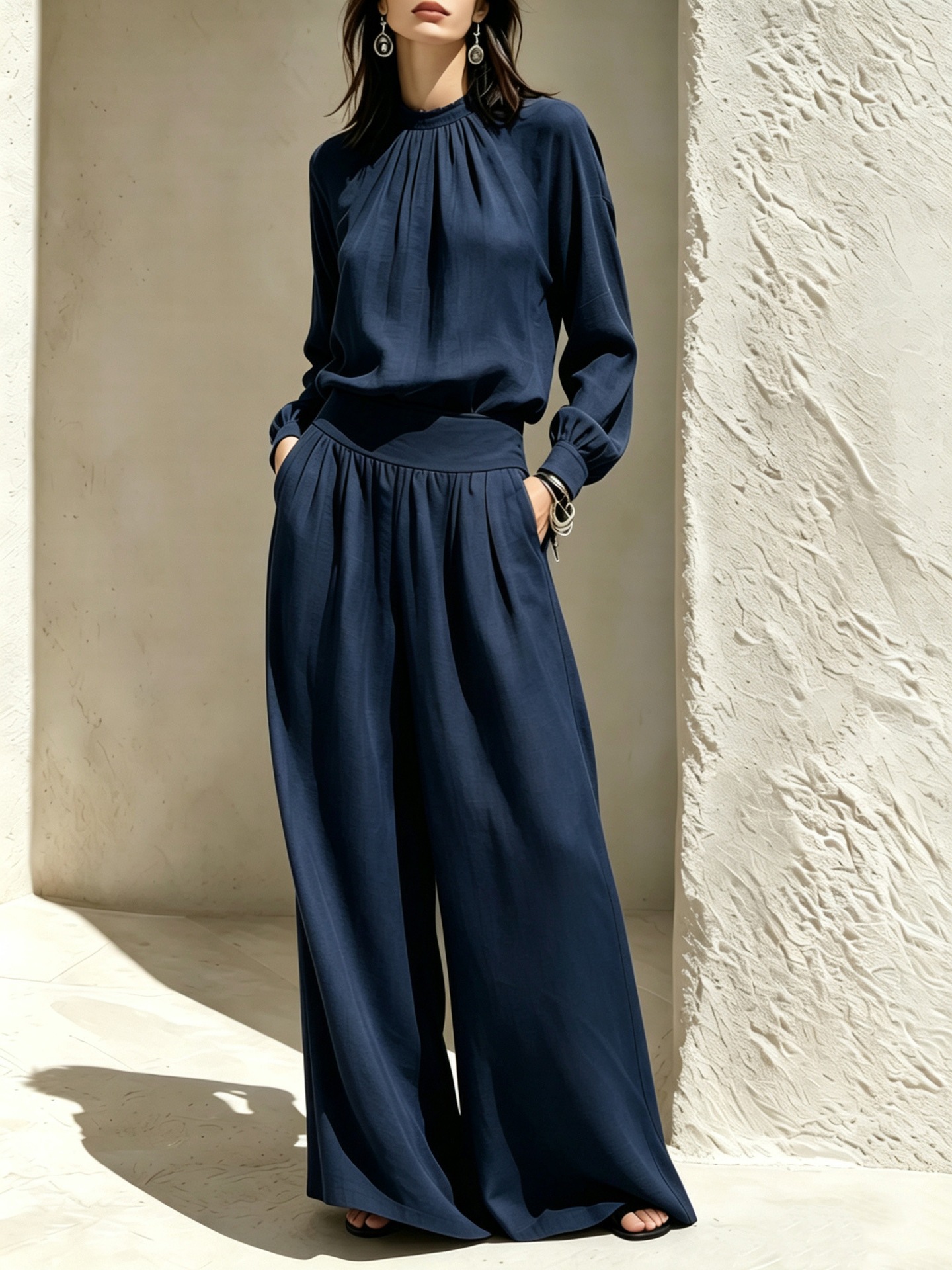Women's Stand Collar Loose Top and Wide-Leg Pants Set