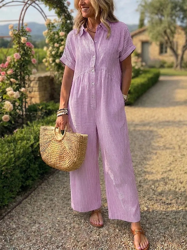 Striped Collared Button-Front Wide-Leg Jumpsuit for Women Summer Vacation