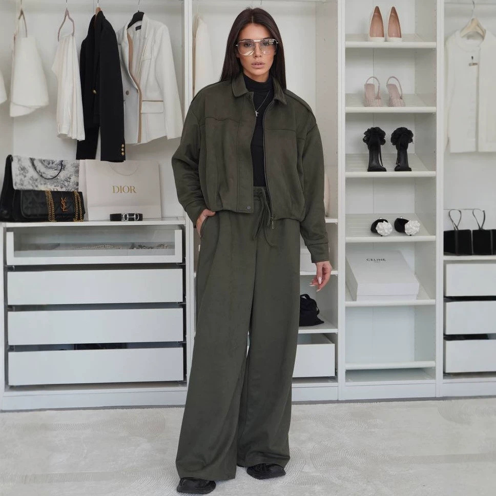 Women's Faux Suede Open-Front Jacket and Pants Set