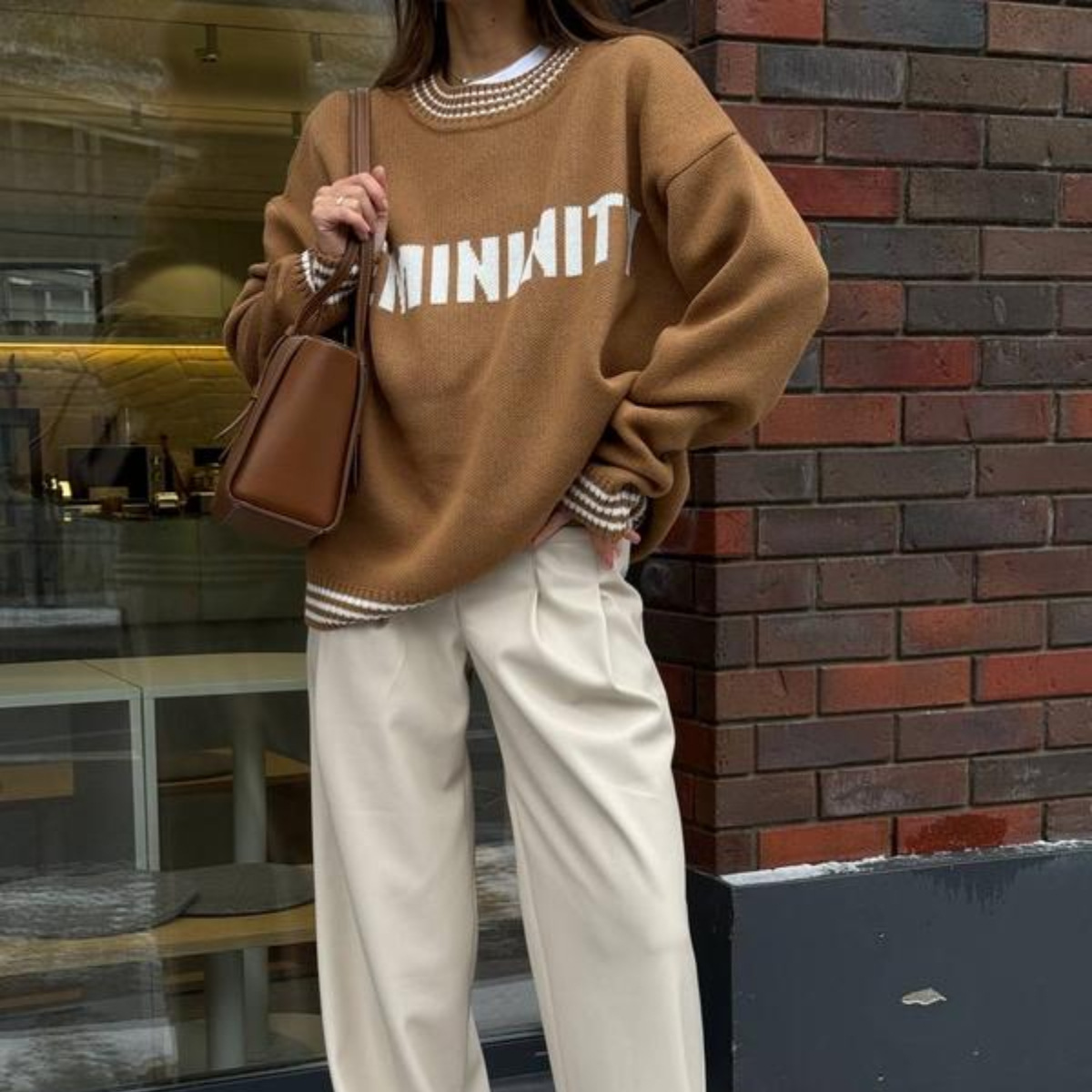 Women's Crewneck Pullover Knit Sweater Lantern Sleeve Loose Fit
