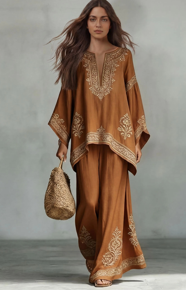 Printed Round Neck Top and Wide-Leg Pants Casual Two-Piece Set