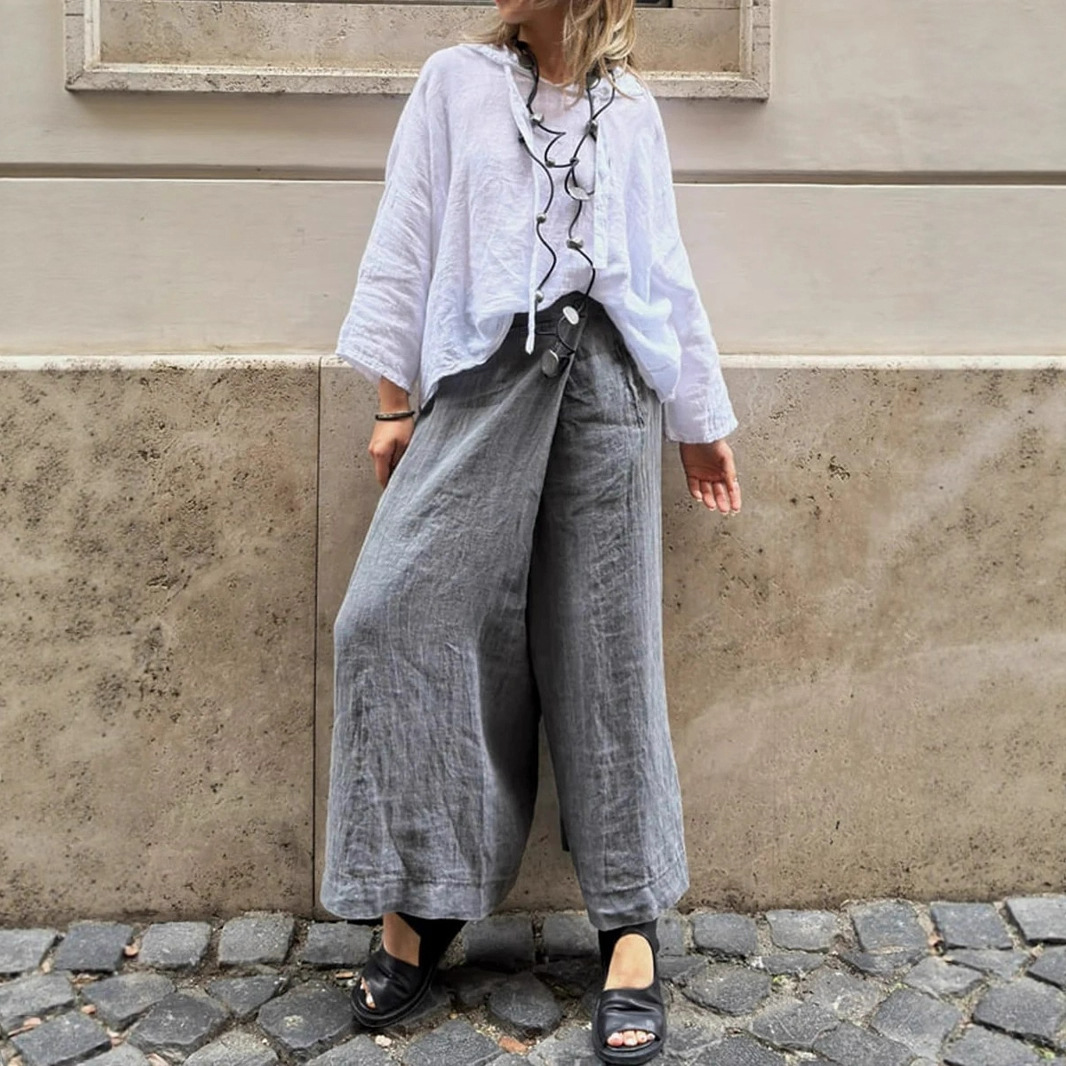 Women's Cotton-Linen Wide-Leg Button Pants Skirt